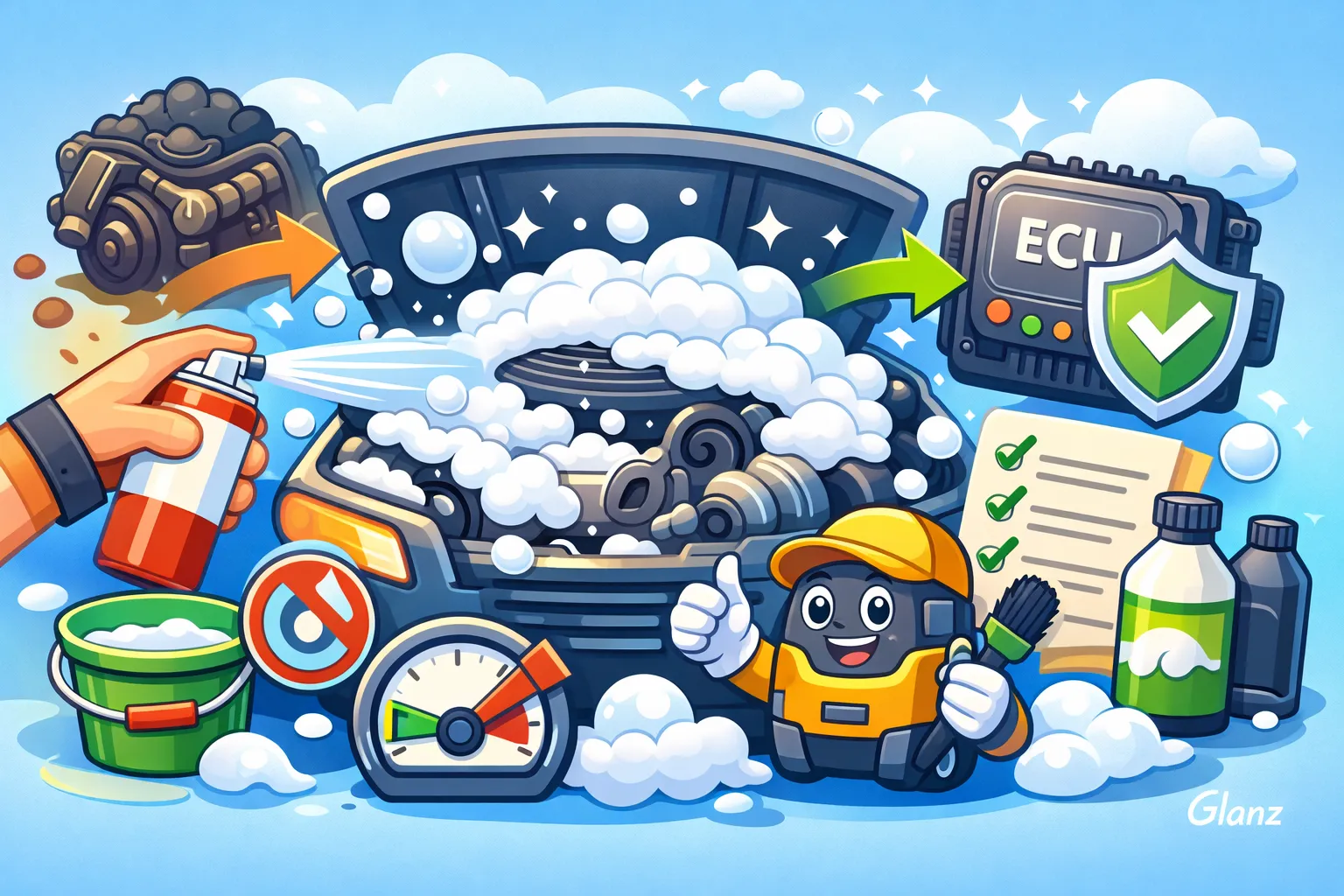 فوم موتور شوی در حال تمیز کردن موتور خودرو با کف پایدار؛ نمایش ایمنی ECU و شستشوی حرفهای بدون آسیب