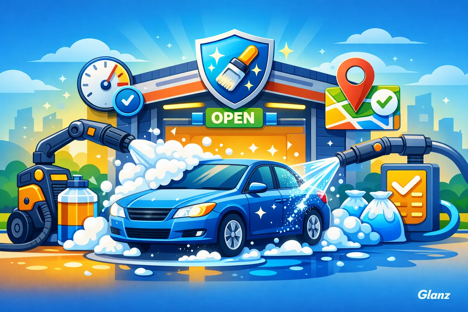 تصویر شماتیک کارواش تاچلس؛ شستشوی خودرو بدون تماس با فشار آب و مواد شوینده استاندارد، مناسب حفظ رنگ بدنه