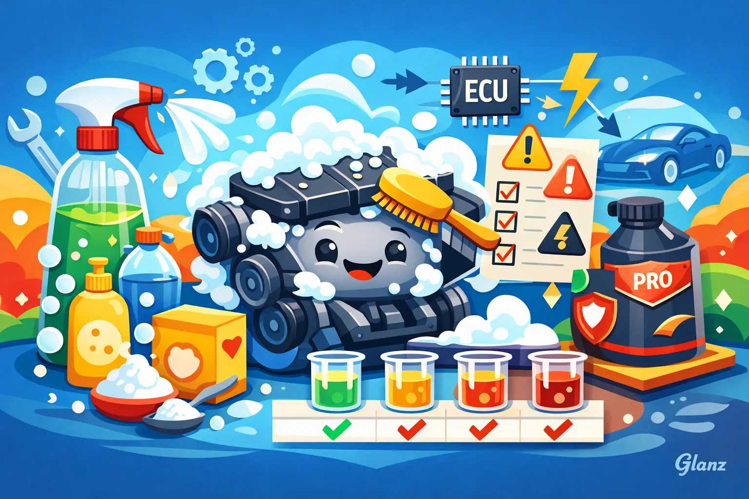 محلول خانگی برای شستشوی موتور ماشین و مقایسه با موتور شوی حرفهای در تصویر آموزشی